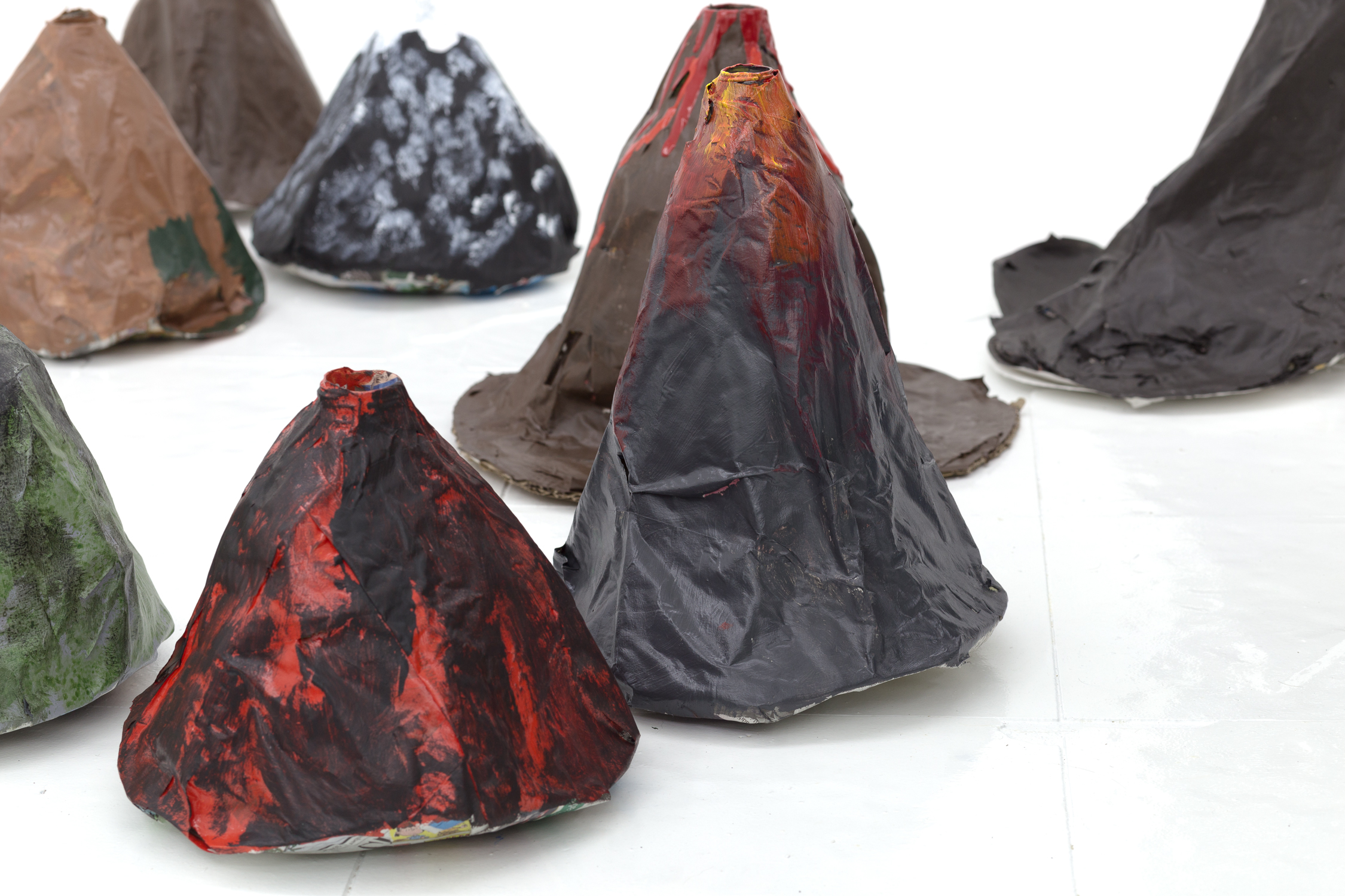 Close up of papier mache volcanoes