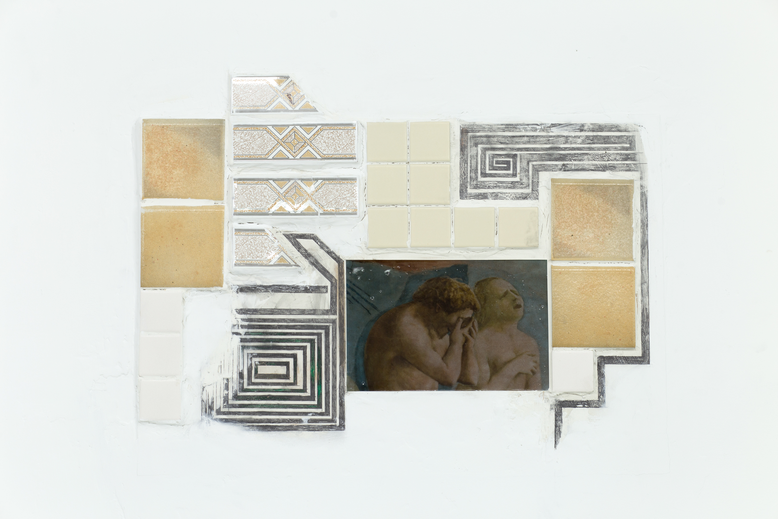A tile collage with some patterns drawn in graphite is set directly into the drywall
