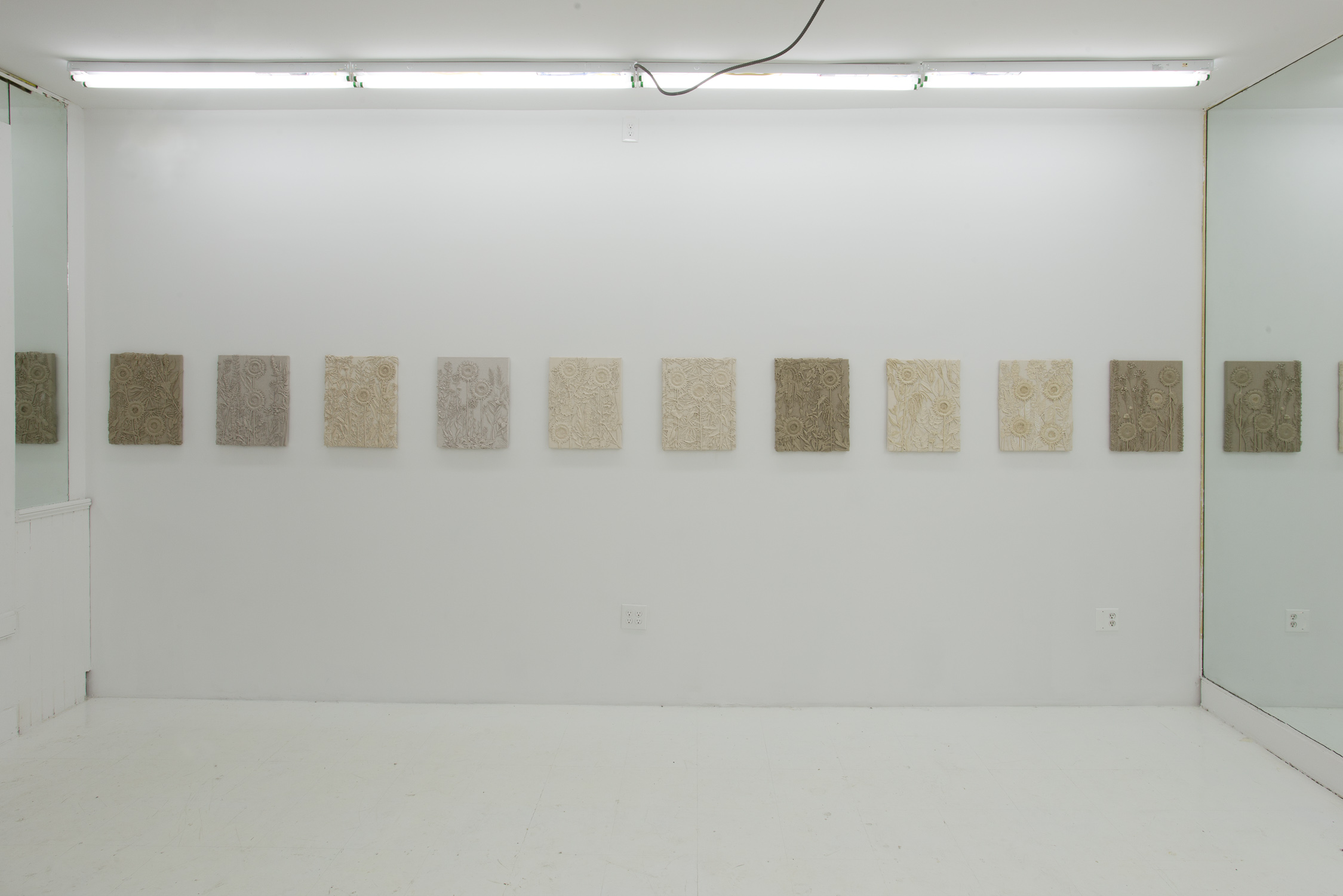 Ten wall works ranging in color from white to brown, flanked on each side by a mirror