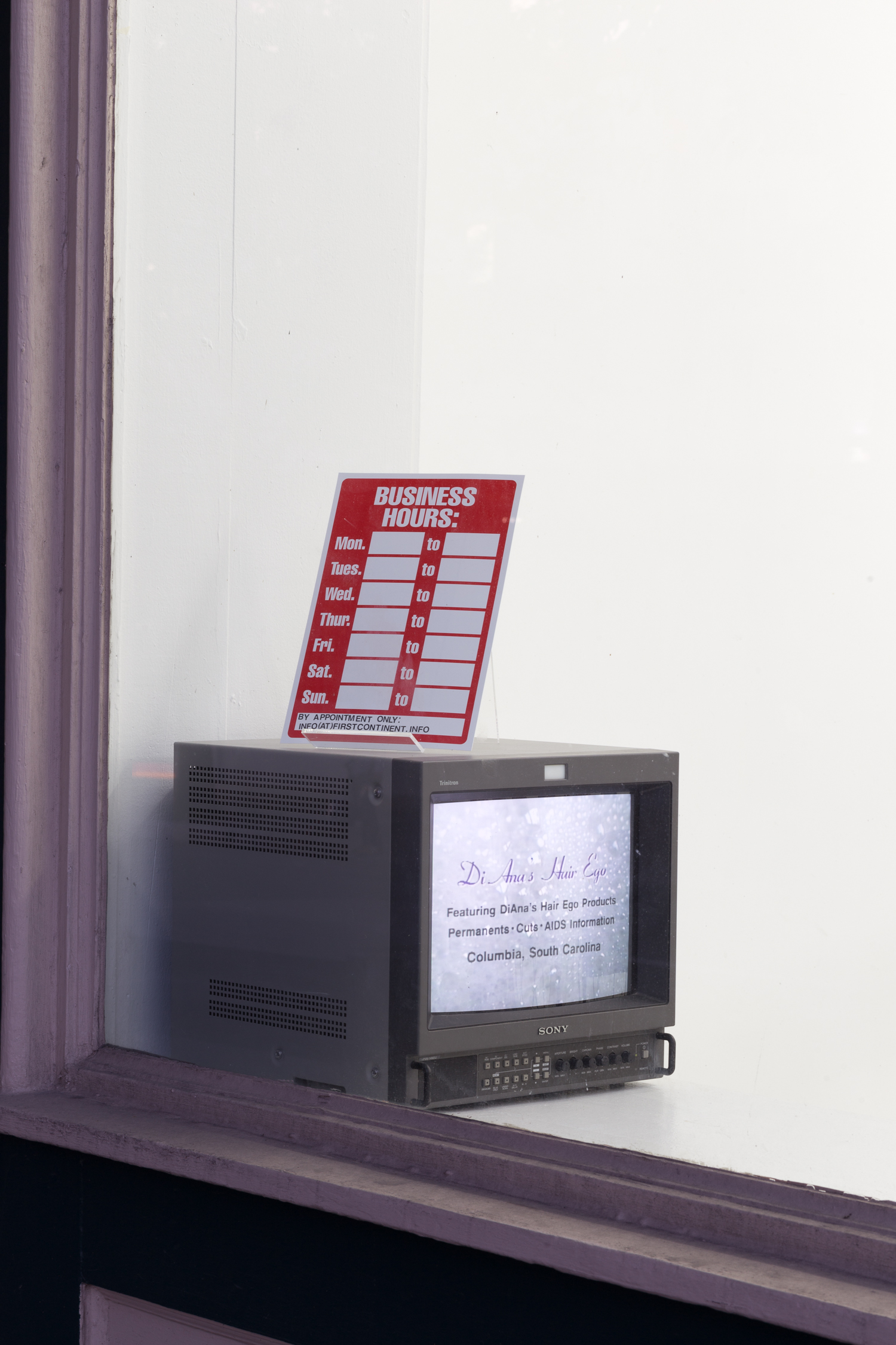 A CRT monitor sits in a windowsill with a blank business hours sign above it. It is playing the documentary short, “Diana’s Hair Ego