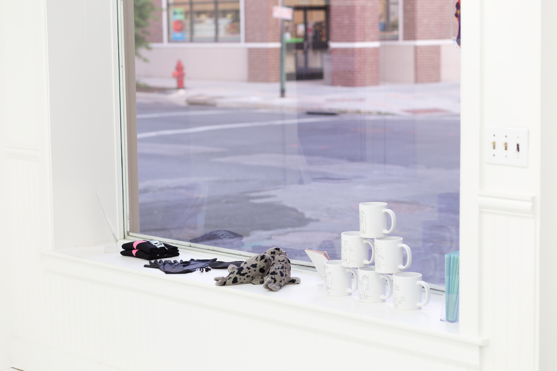 Items sit on the windowsill: a stack of mugs, pamphlets, and seal stuffed animals